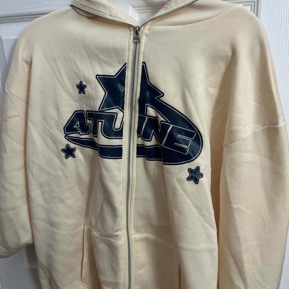 Kids Cream Zip-Up Hoodie with Navy Graphic
